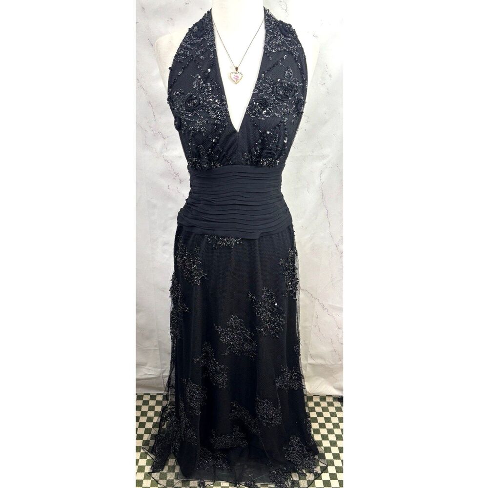 Tadashi Halter Cocktail Gown Dress 6 Whimsigoth Vamp Blk Mesh Edgy V-Neck Plunge